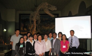 Group of museum educators that attended our paleontological workshop at the Natural History Museum (Ulaanbaatar, Mongolia). Behind us is Tarbosaurus, a Mongolian relative of Tyrannosaurus rex.